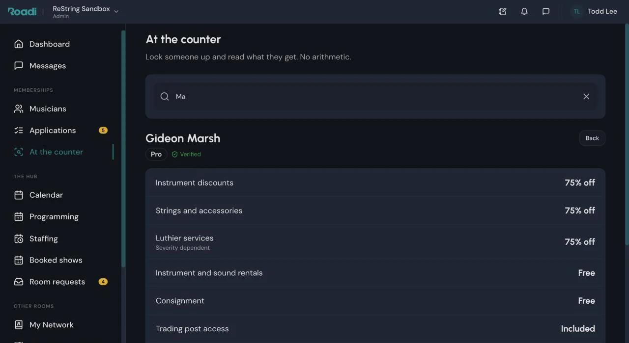 The counter lookup showing a Pro member and each benefit written out, such as 75% off instruments