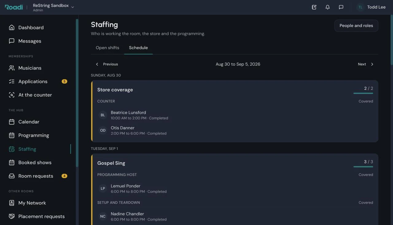 The staffing schedule for a week: store coverage and a Gospel Sing with host and setup shifts covered