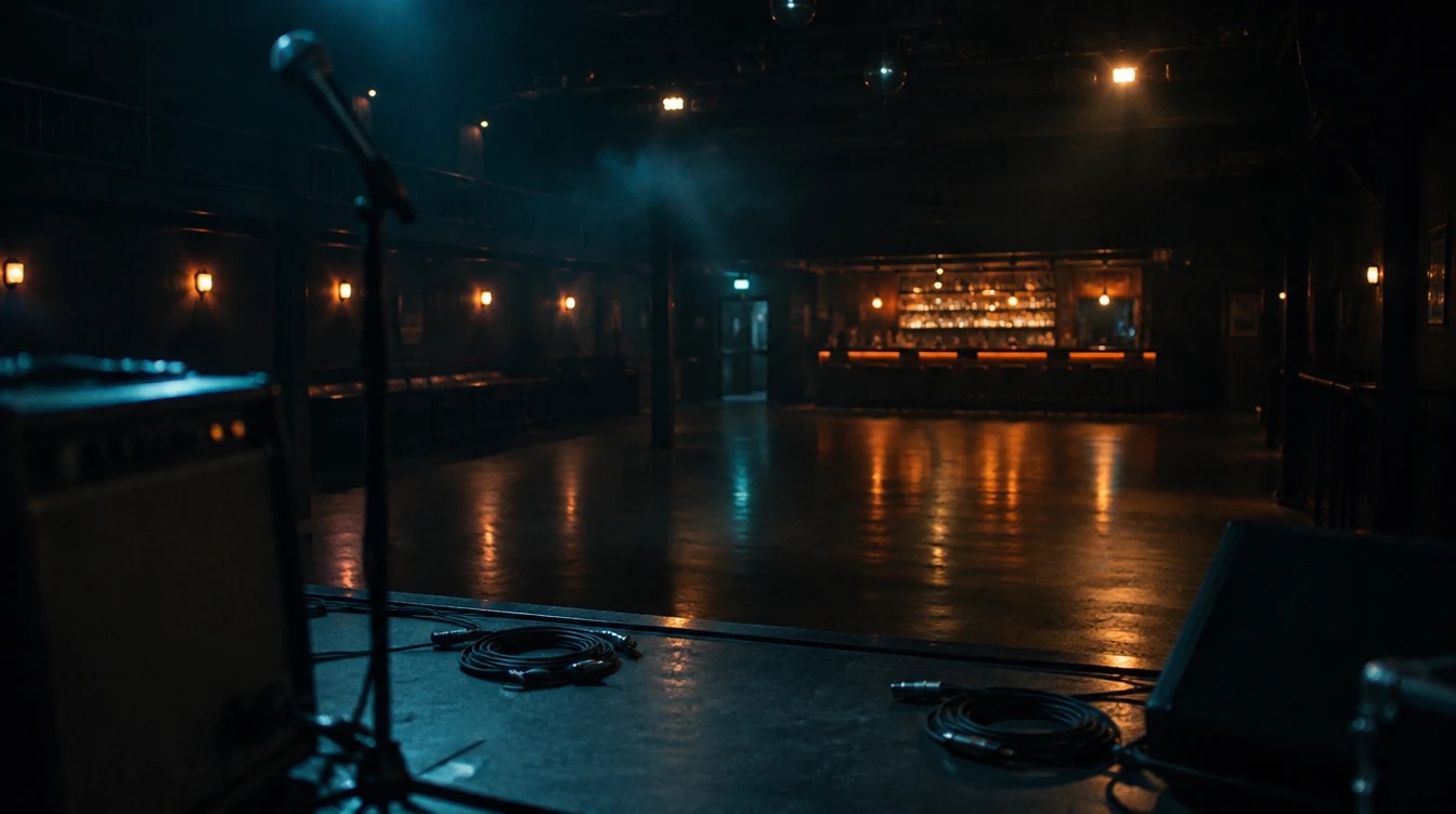 An empty music venue seen from the stage: mic stand, amp and cables up front, the bar lit at the back of the room